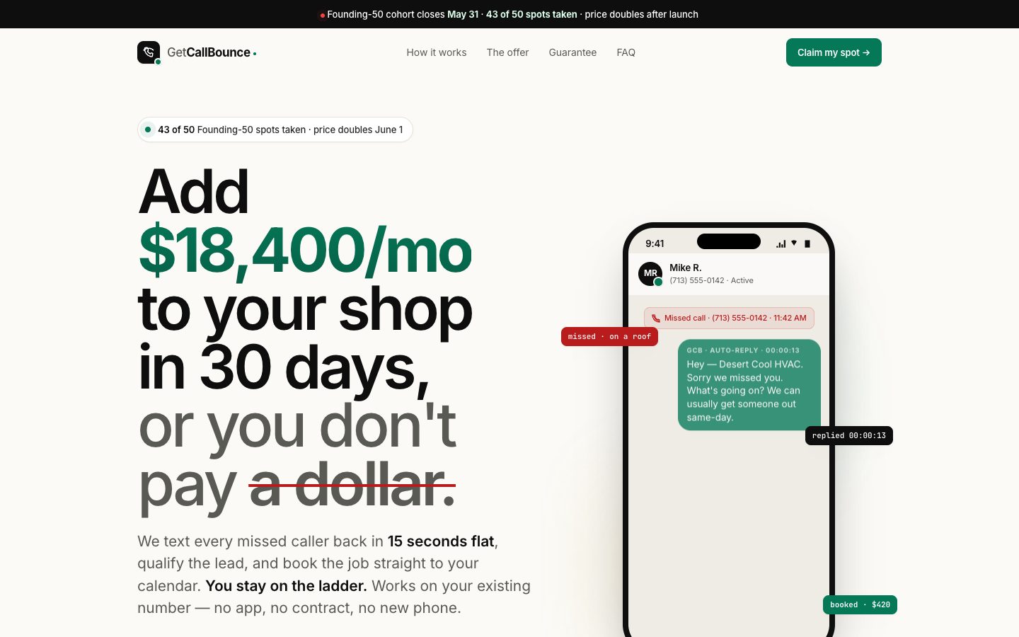 GetCallBounce — live AI miscall-recovery SaaS built by NorthBore